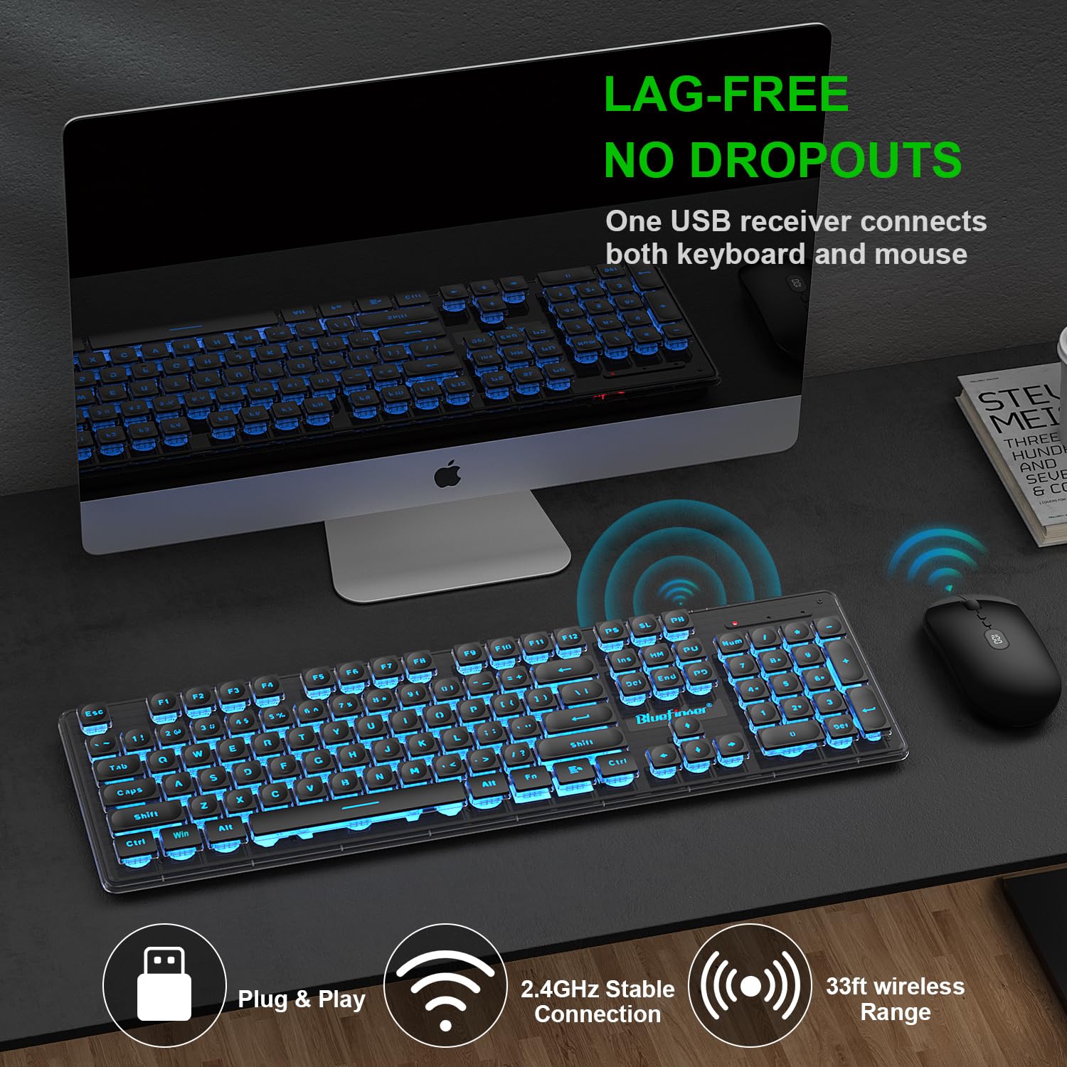 Bluefinger Wireless Keyboard And Mouse With Power Display, Blacklit Rechargeable Full Sized Silent Light Up Gaming Keyboard Mous